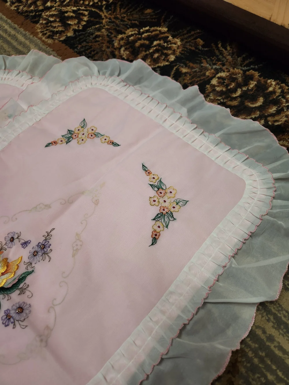 Vintage Pink Floral Embroidered Pillow Sham with White Ruffle